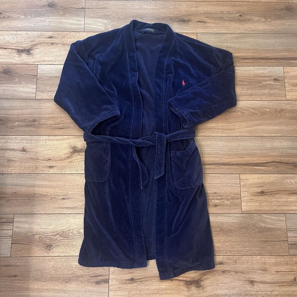 Polo Ralph Lauren Belted Bath Robe Navy Blue Red Pony Men’s Small Soft Cotton